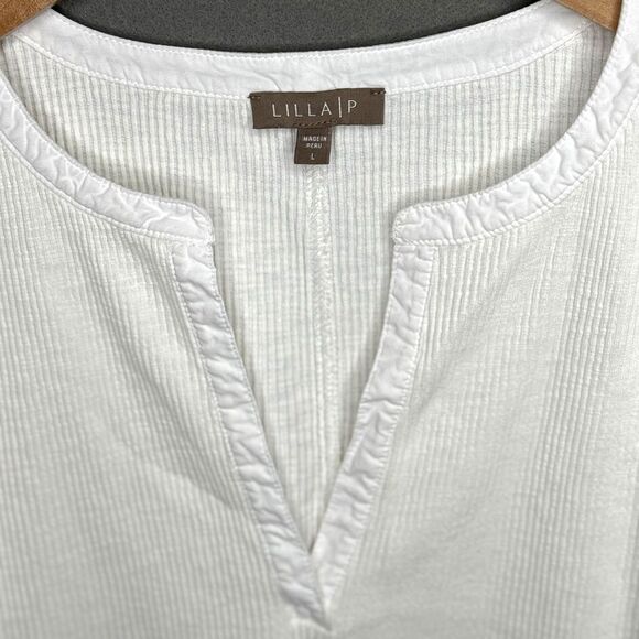 Lilla P Top Shirt Size L White Mixed Media Short Sleeve Split Neck Made in Peru - Picture 5 of 15